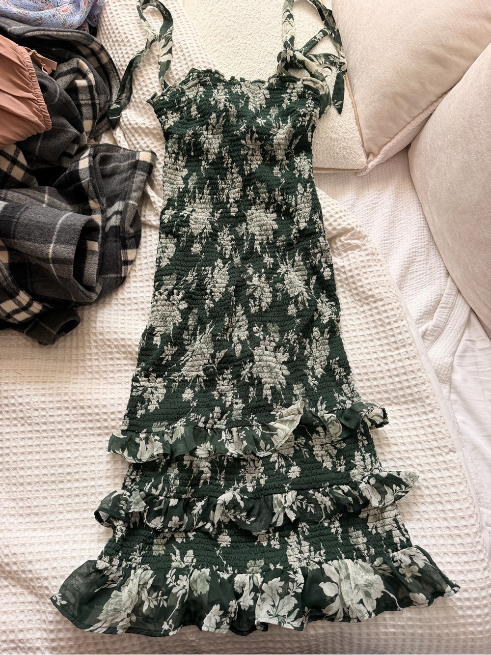 Abercrombie & Fitch Dark Green Floral Tie-Shoulder Midi Dress